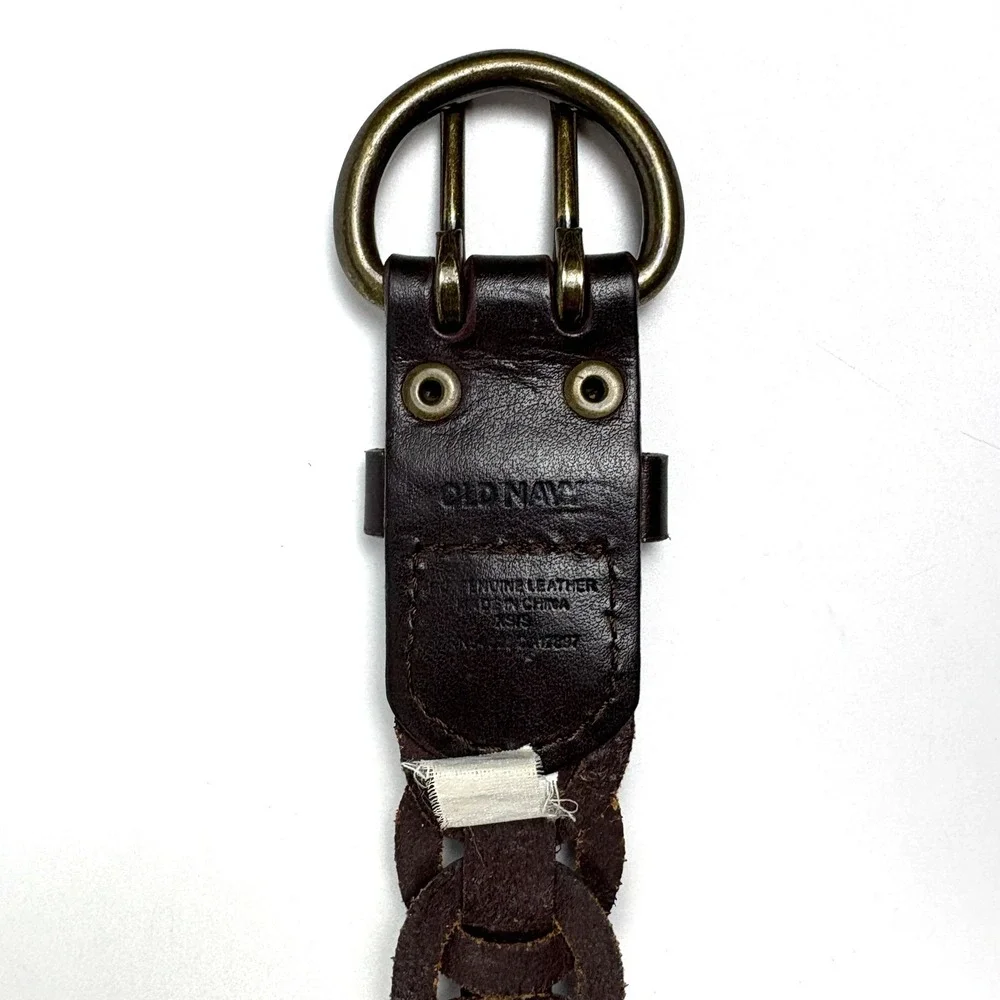 Old Navy Interlocking Chain Genuine Leather Belt Womens‎ Sz XS/S Brown Brass Dbl